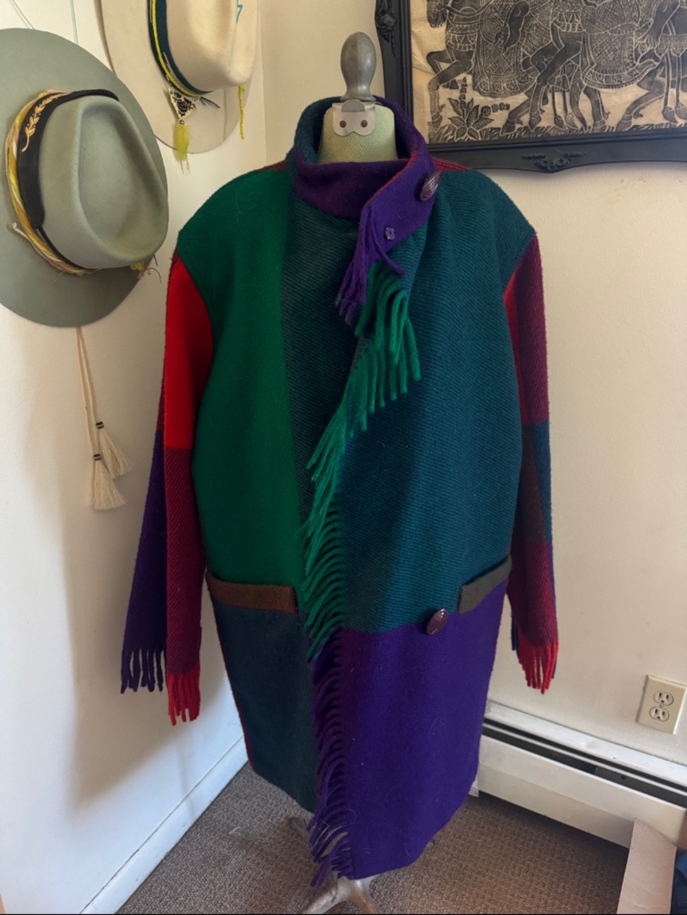 Gallery Colorblock Fringe Wool Coat - Green, Teal, Purple, Red
